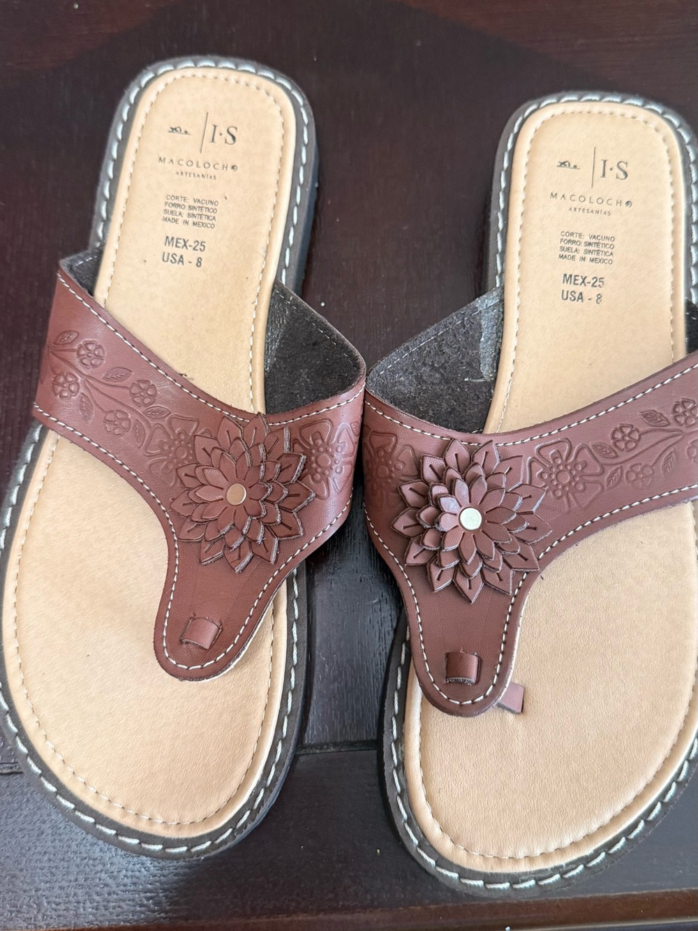 Mexican Brown Floral Leather Sandals - Women's